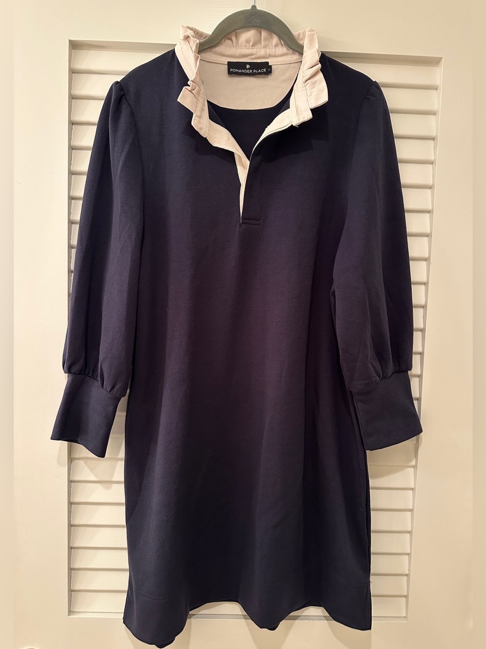 Pomander Place Charlotte Terry Shirt Dress Navy White Ruffle Collar Size M - Picture 5 of 9